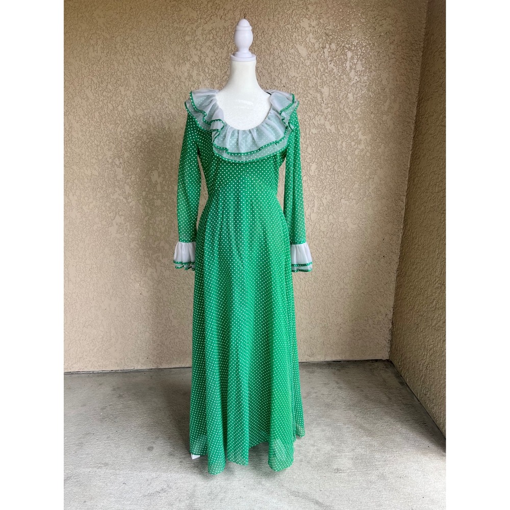 Vintage 70s Deadstock Prairie Dress Green Polka Dot Ruffle Maxi Long Sleeve